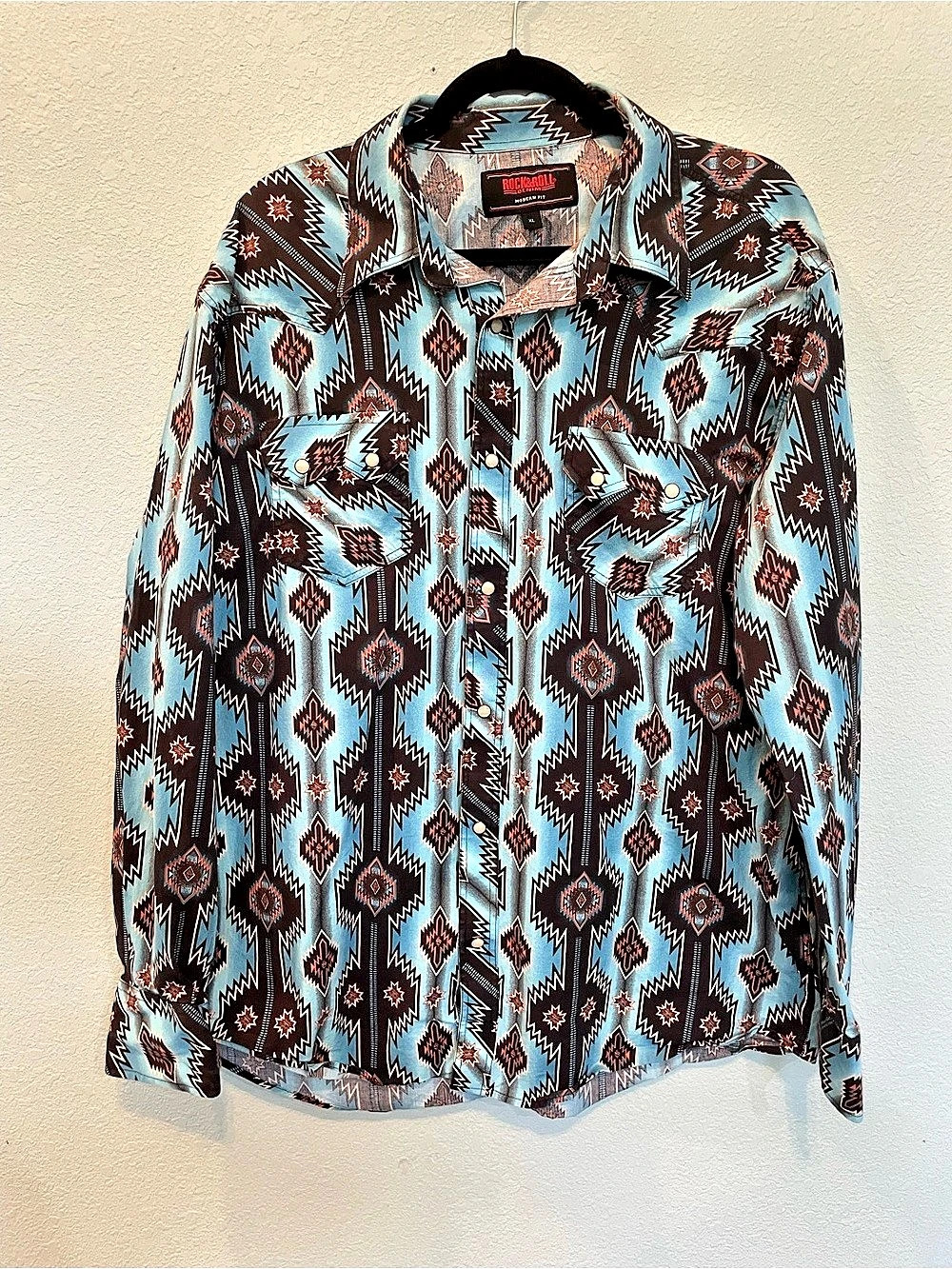 Rock & Roll Denim Men's Aztec Print Western Pearl Snap Shirt Blue & Black XL